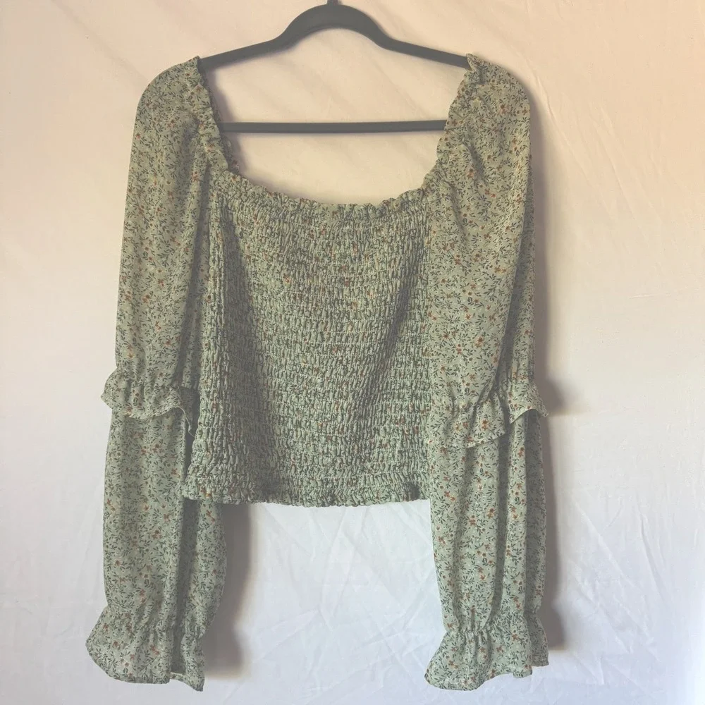 Wild Fable Floral Smocked Top Womens XXL Sage Green Excellent Puff Sleeve Boho